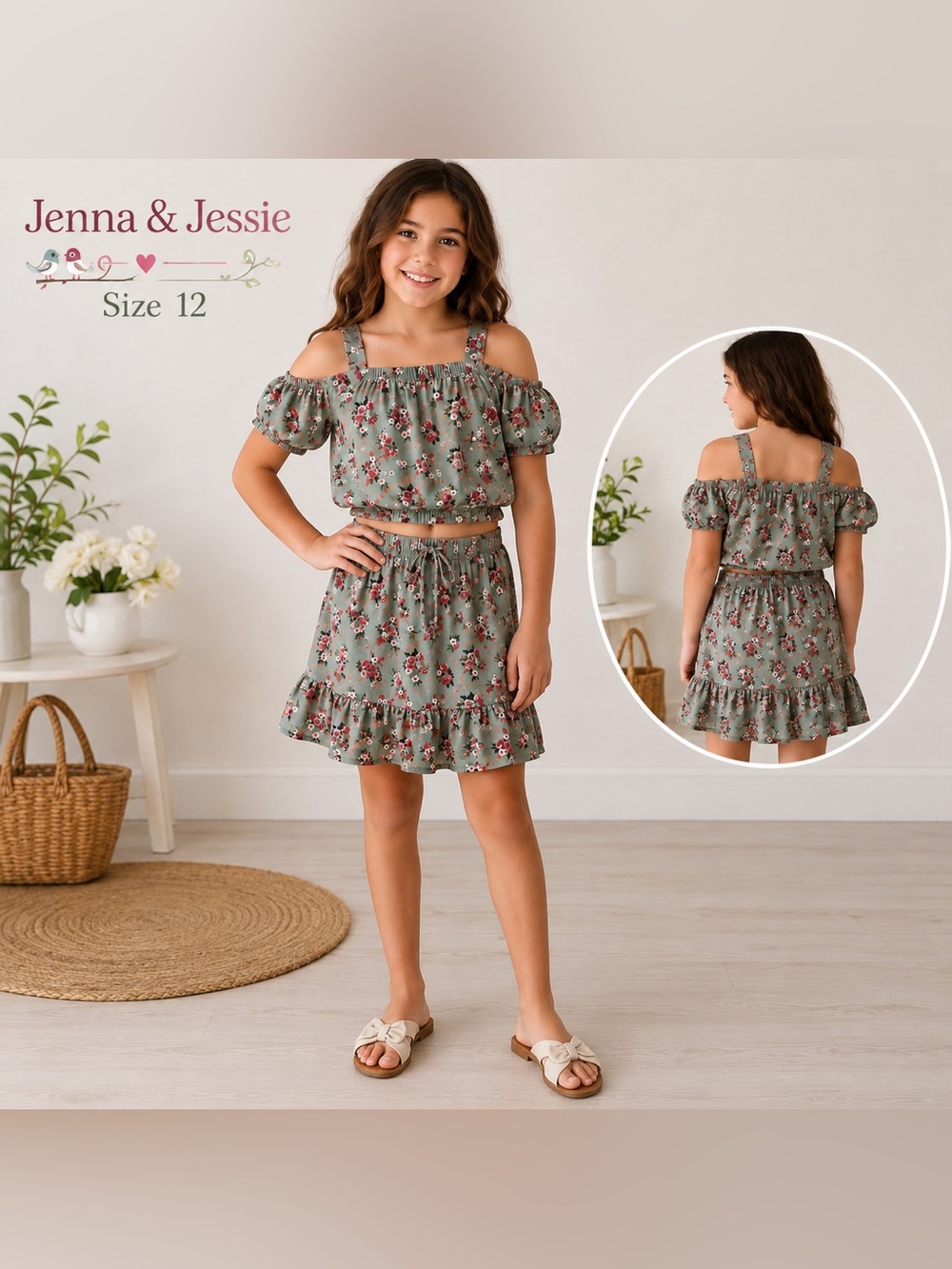 Jenna & Jessie Girls Size 12 Floral 2 Piece Top & Skirt Set Sage Green